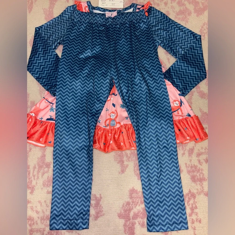 Pete + Lucy Navy Blue Chevron & Coral Monkey Ruffle Matching Set 3T Girls